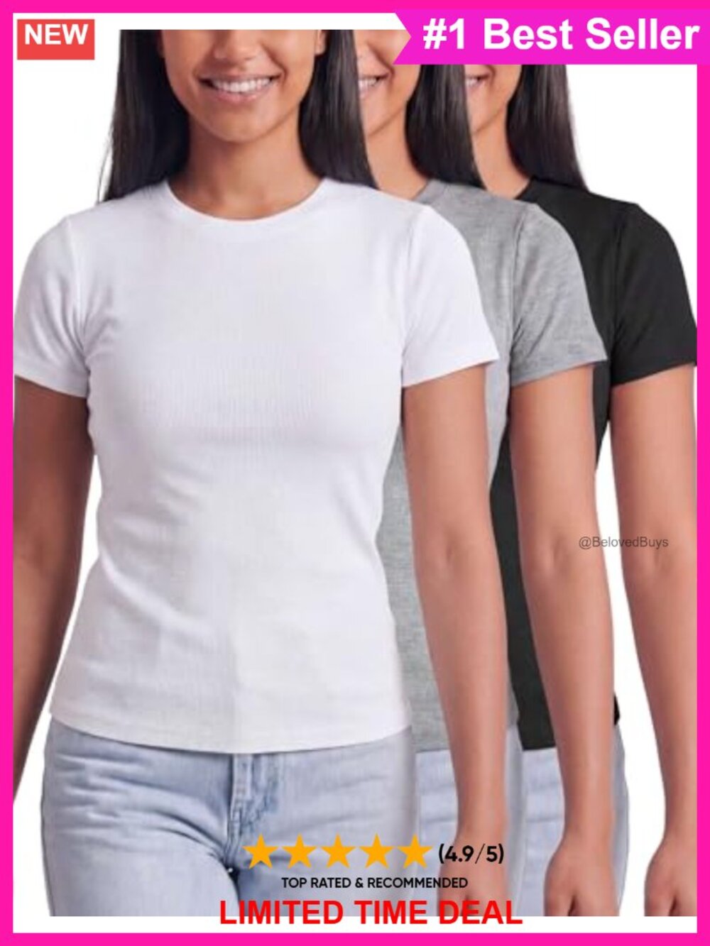 3 Pack Women's Cotton Ribbed Short Sleeve Crew Neck Tees Basic Tops